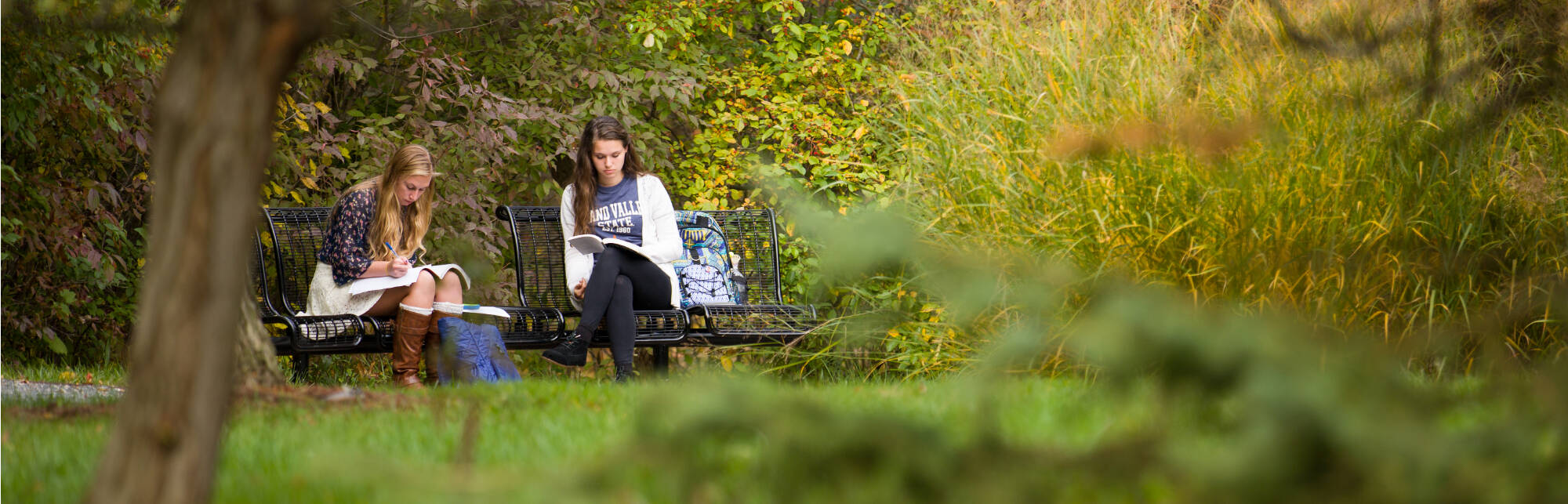 campus in the fall, students sitting together on bench among foliage